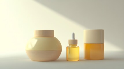 Three minimalist yellow and beige skincare bottles against a white backdrop.