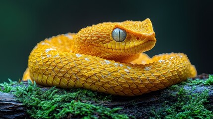 Fototapeta premium Vibrant yellow snake resting on a mossy log in nature.