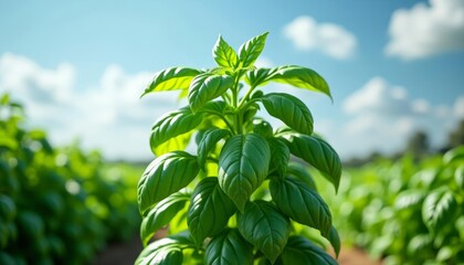  Vibrant basil plant in a field ready for harvest