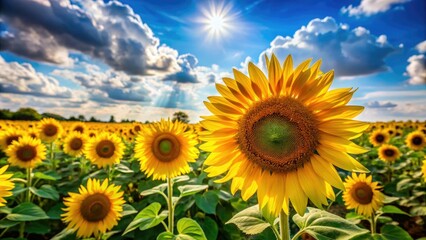 Fototapeta premium Vibrant Sunflower Field Under Clear Blue Sky with Fluffy White Clouds on a Sunny Day - Nature, Flowers, Sunlight, Summer, Agriculture, Scenic Landscape, Outdoor Beauty, Botanical.