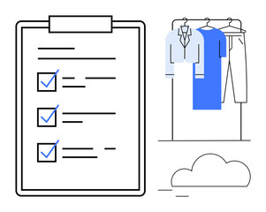 Task checklist with three check marks next to wardrobe with hanging suit, shirt, pants under a cloud. Ideal for productivity, task management, organization, wardrobe planning, minimalism, goal