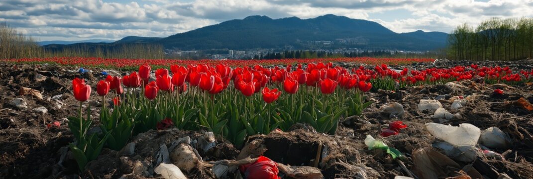 A field of red tulips with a mountain in the background. The field is full of flowers and the mountain is in the distance