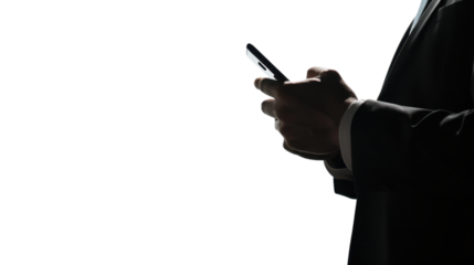 Smartphone in businessman hand on white transparent background
