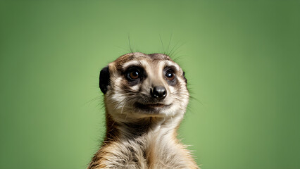 Fototapeta premium Portrait of a meerkat looking at camera on green background