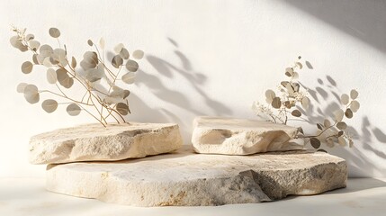 Two stone podiums with dried branches on a white background with sunlight.