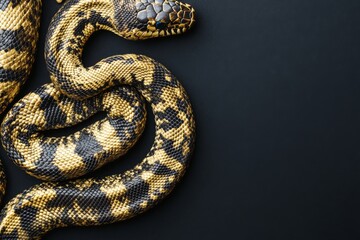 A close-up of a striking golden and black snake on a dark surface.