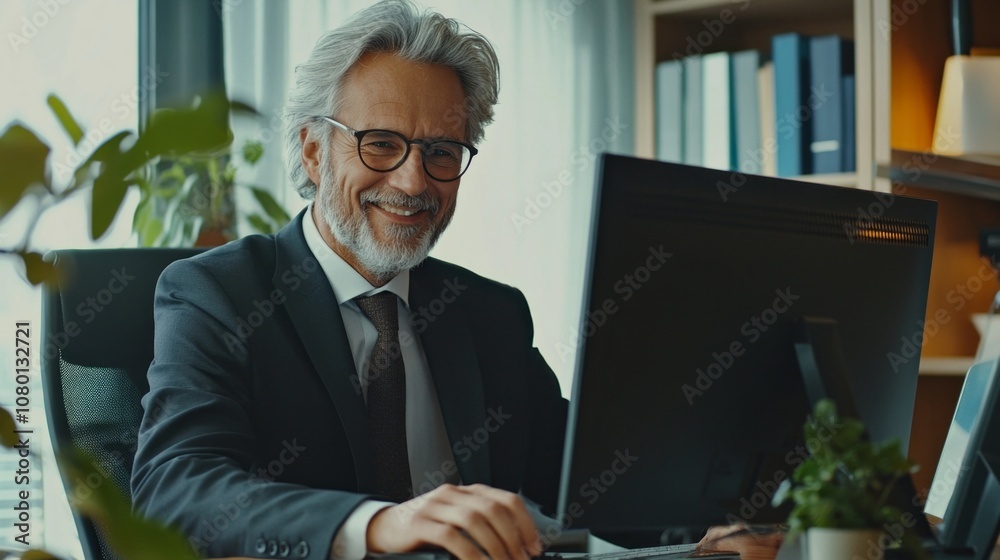 Poster A man in a suit is smiling as he works on a computer