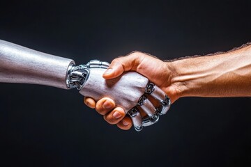 A human and robotic hand shaking in unity and collaboration.
