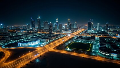 Fototapeta premium Vibrant cityscape at night illuminated by bright lights and neon glow