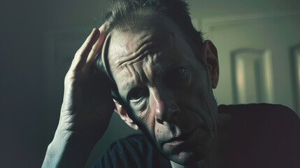 Middle-aged man sitting alone in a quiet room, holding his head with one hand, looking stressed and concerned. Emotional state of solitude and introspection.