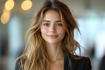 Fototapeta premium A young woman with long blonde hair smiles warmly at the camera. She is wearing a black blazer and has a natural, glowing complexion.