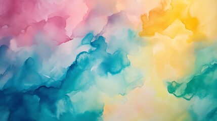 Fototapeta premium A vibrant watercolor background blends blue, pink, yellow, and green, inspiring creativity and tranquility.