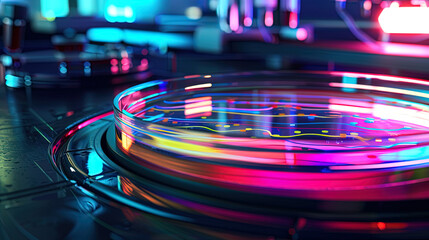 Obraz premium Close-up of colorful microscopic gut bacteria colonies in a petri dish on a lab table, representing microbiology research and health science concepts.