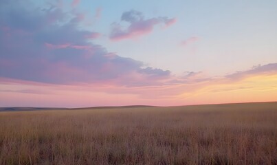 Obraz premium Serene field under a dramatic cloudy sky at sunset, Generative AI 