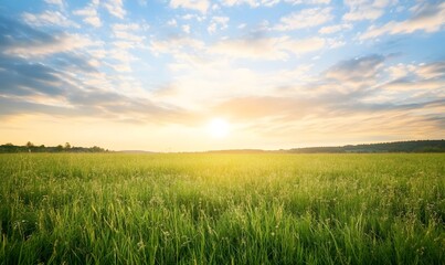 Serene field under a dramatic cloudy sky at sunset, Generative AI 