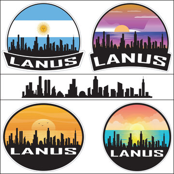 Lanus Argentina Flag Skyline Cityscape Silhouette Travel Souvenir Sticker Sunset Isolated Vector