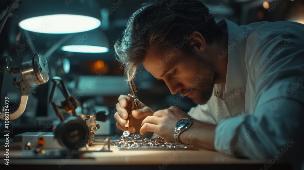 Poster a man is working on a watch, using a magnifying glass to look at the tiny parts
