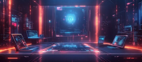 Obraz premium Futuristic workspace with glowing screens.