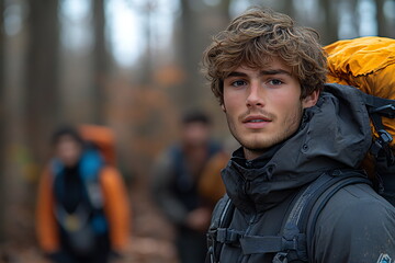 Fototapeta premium Young man with curly hair looking at the camera, wearing a dark jacket and carrying a backpack while hiking in a forest.