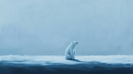 Obraz premium A polar bear sits on a sheet of ice in the Arctic. The sky is a pale blue and the ice is covered in a layer of snow