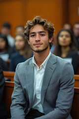 Fototapeta premium A young man with curly hair sits in a formal setting, wearing a gray blazer and a white shirt. He looks directly at the camera with a confident expression.