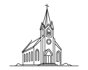 Vector linear image on white background, one line. Protestant church with road to the entrance
