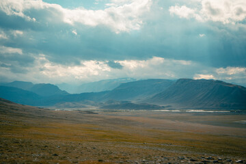 Mountain panorama of beautiful valley in Altai mountains. Altai Mountain range, North Altai, Gorny...