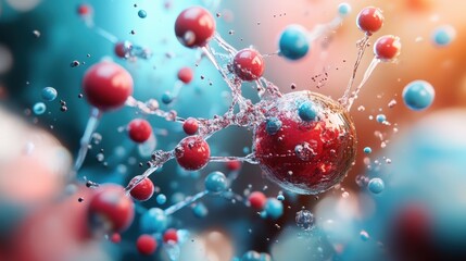 Abstract 3D rendering of colorful molecules in vibrant red and blue tones.