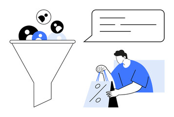 Funnel filtering user icons into conversion, person holding shopping bag with discount symbol, and text bubble. Ideal for marketing, sales, customer journey, e-commerce, analytics, user acquisition