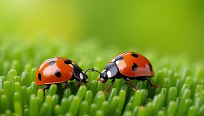 Obraz premium A tender moment in nature two ladybugs share a dance on the green stage of life