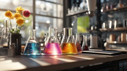 Colorful chemical liquids in glass beakers on a lab table with soft natural light.