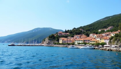 Fototapeta premium Seaside Paradise A picturesque harbor with vibrant architecture and serene waters