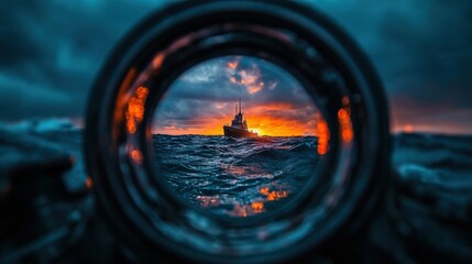 A ship sails majestically on the open ocean during dusk, with striking colors of a stormy sunset, symbolizing resilience and the call of the unknown at sea.