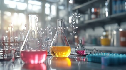 Colorful chemical solutions in laboratory glassware on a table, with sunlight streaming in.