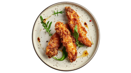 Fototapeta premium Fried chicken strips on plate on white transparent background 