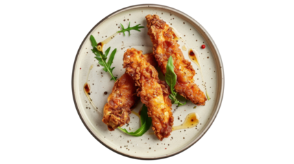 Fried chicken strips on plate on white transparent background
