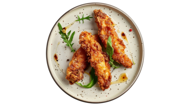 Fried chicken strips on plate on white transparent background
