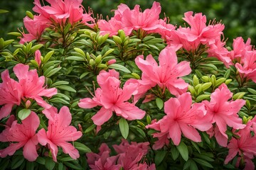 Bright pink azalea blossoms cascading over green leaves, Ai Generated