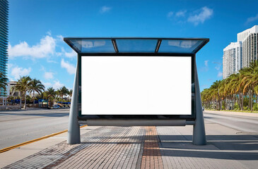 16:9 digital advertising billboard with blank landscape on Miami Avenue bus stop