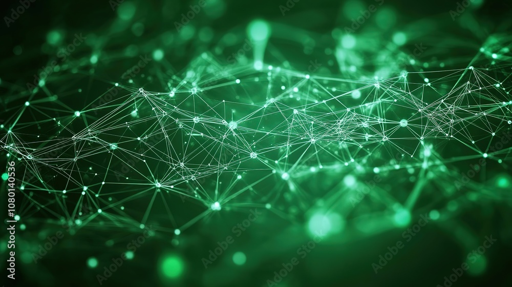 Fototapete green abstract background with a network grid and particles connected. sci-fi digital technology wit