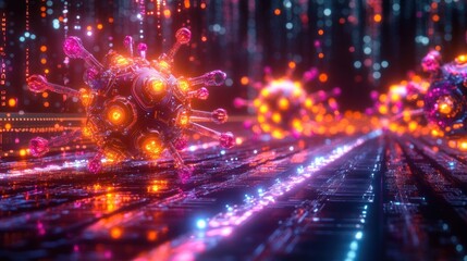 Fototapeta premium 3D rendering of glowing virus cells on a futuristic digital background.