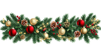 A Festive Christmas Wreath Adorned with Red & Gold Balls, Pinecones, Berries, and Lights, Set Against a Clean White Background