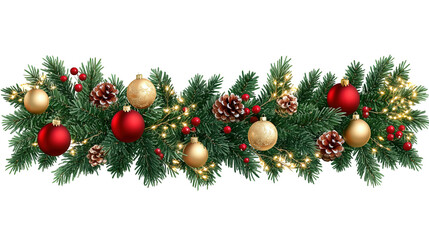 A Festive Christmas Wreath Adorned with Red & Gold Balls, Pinecones, Berries, and Lights, Set Against a Clean White Background