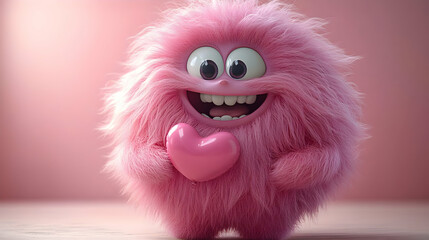 Obraz premium Cute Pink Furry Creature Holding Heart 3D Illustration
