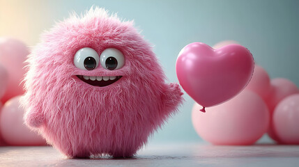 Obraz premium Cute Pink Furry Monster Holding Heart Balloon 3D Illustration