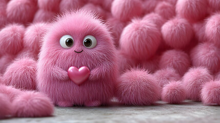 Fototapeta premium Cute Pink Furry Character Holding Heart - 3D Illustration