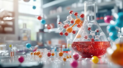 Colorful molecules and beaker in modern chemistry lab with bright light.