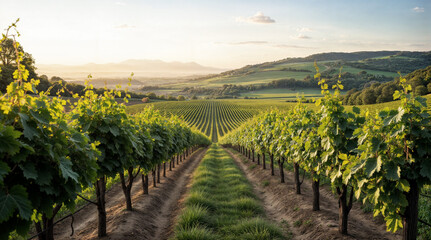 Scenic Vineyard Rows in Lush Countryside at Sunset with Rolling Hills and Green Vines