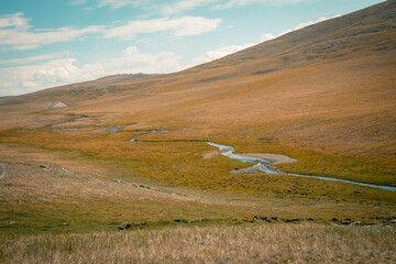 Mountain panorama of beautiful valley in Altai mountains. Altai Mountain range, North Altai, Gorny Altai republic, Russia.