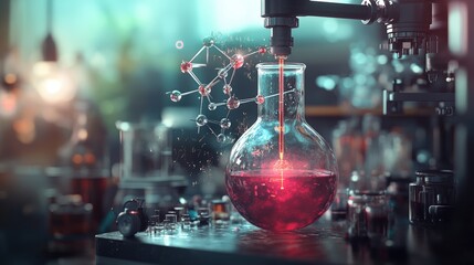 Futuristic lab setup with glowing red liquid in flask, highlighting innovation and research.